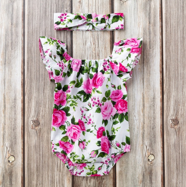 Floral Baby Girl Romper Set 🌸 Soft Cotton Outfit + Headband