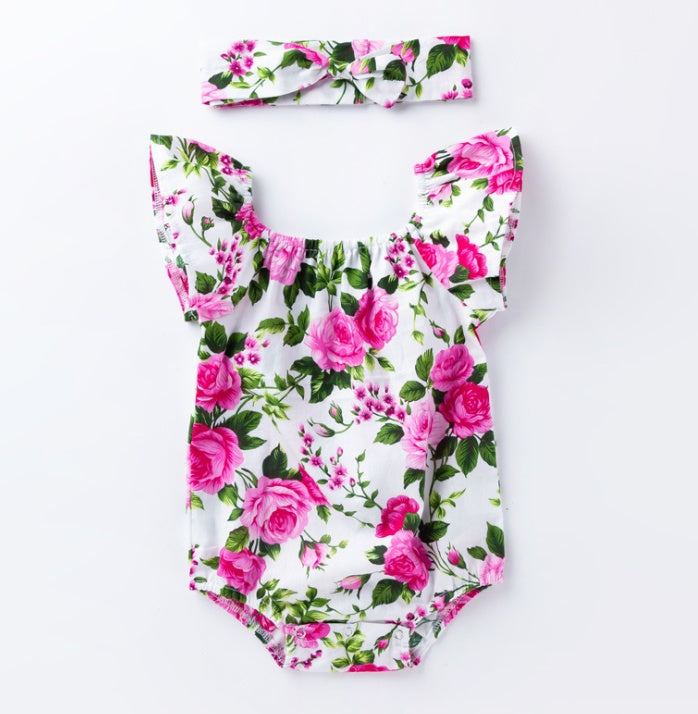 Floral Baby Girl Romper Set 🌸 Soft Cotton Outfit + Headband
