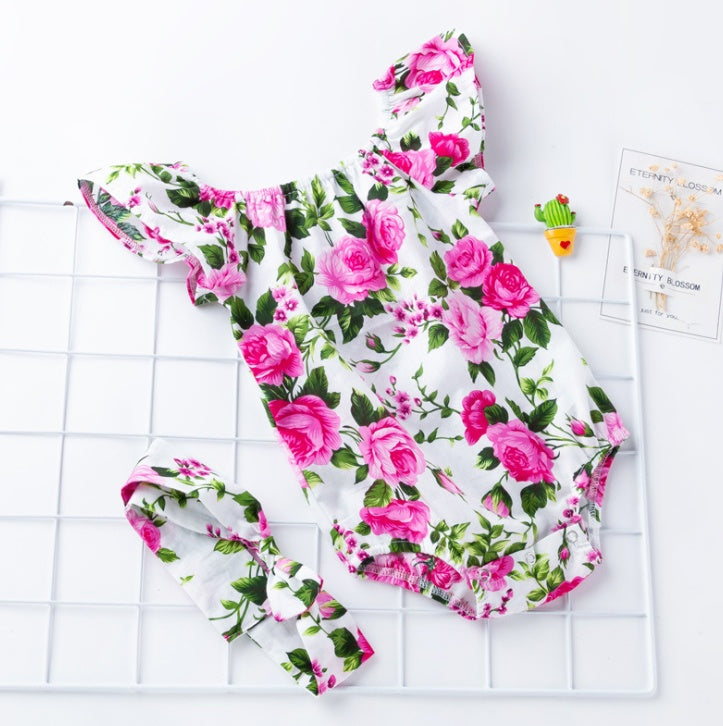 Floral Baby Girl Romper Set 🌸 Soft Cotton Outfit + Headband